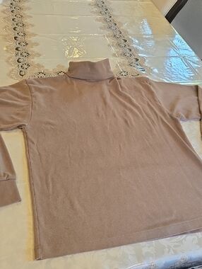 Turtleneck Sweater - Beige Tan Size L Long Sleeves Fold Over Neck